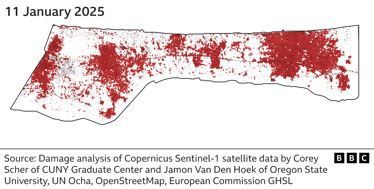 A similar map of Gaza dated 11 January 2024 showing even bigger red damaged areas across most of Gaza and now the southern city of Rafah is also showing as a large red area