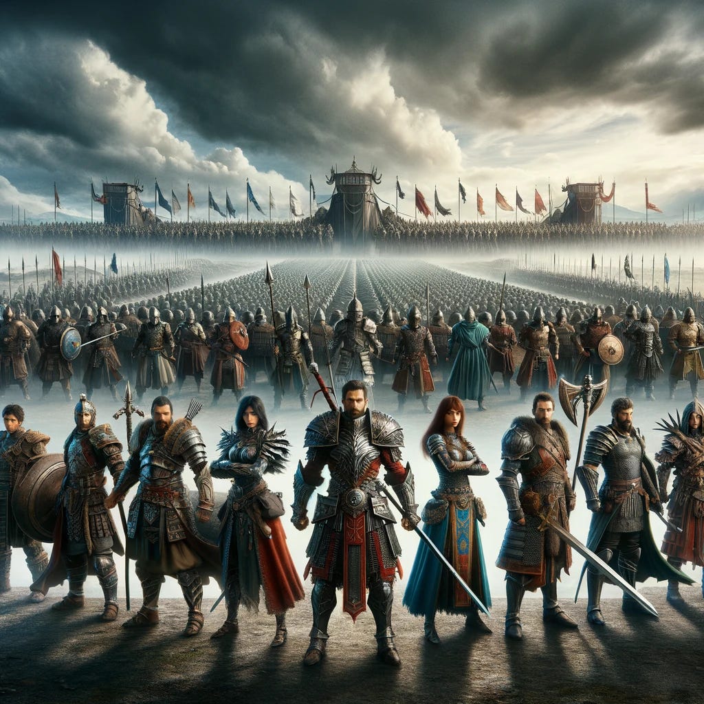 An epic scene depicting a diverse group of male and female warriors standing bravely against a massive opposing force. The warriors, clad in various armor styles representing different cultures, are equipped with an array of weapons like swords, shields, and spears. In the background, a vast army looms, with rows of soldiers and siege equipment under a dramatic, cloud-filled sky. The image conveys a sense of impending battle, showcasing the courage and readiness of the smaller group facing overwhelming odds.