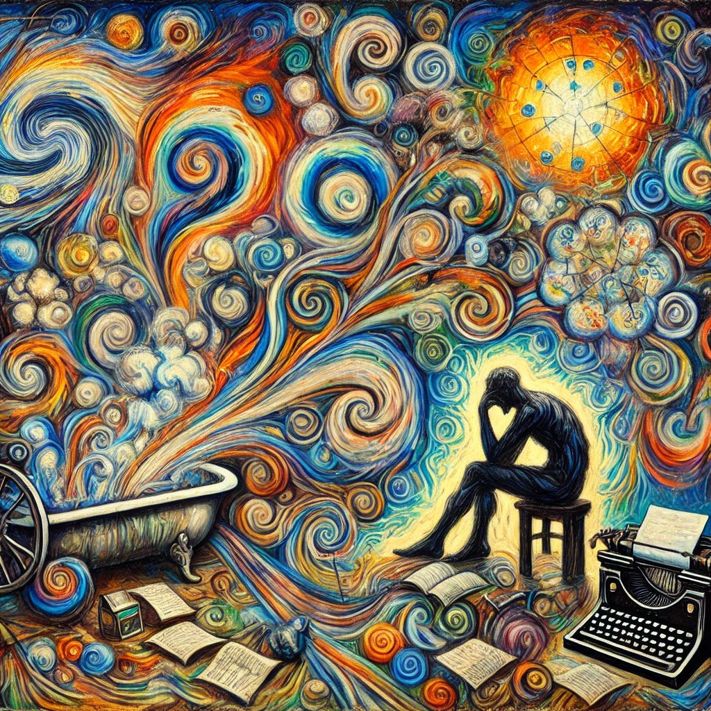 An abstract, expressionist painting depicting the interplay of creativity and the default mode network in the brain. Use bold, swirling brushstrokes and vibrant, contrasting colors. Represent the state of creative thinking with a figure in a relaxed pose, surrounded by swirling, interconnected ideas. Include elements like a hot bath, a typewriter, and abstract symbols of creativity. The scene should evoke a sense of introspection and creative chaos, with an expressive and intense atmosphere, similar to Munch's style. The main medium should resemble oil on canvas.