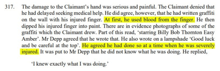 Excerpt of a court document claiming Depp was coherent at the time his finger was severed in australia and wrote graffiti on the mirror