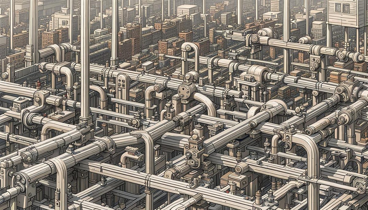 Depiction of large factory inside, pipes and machinery