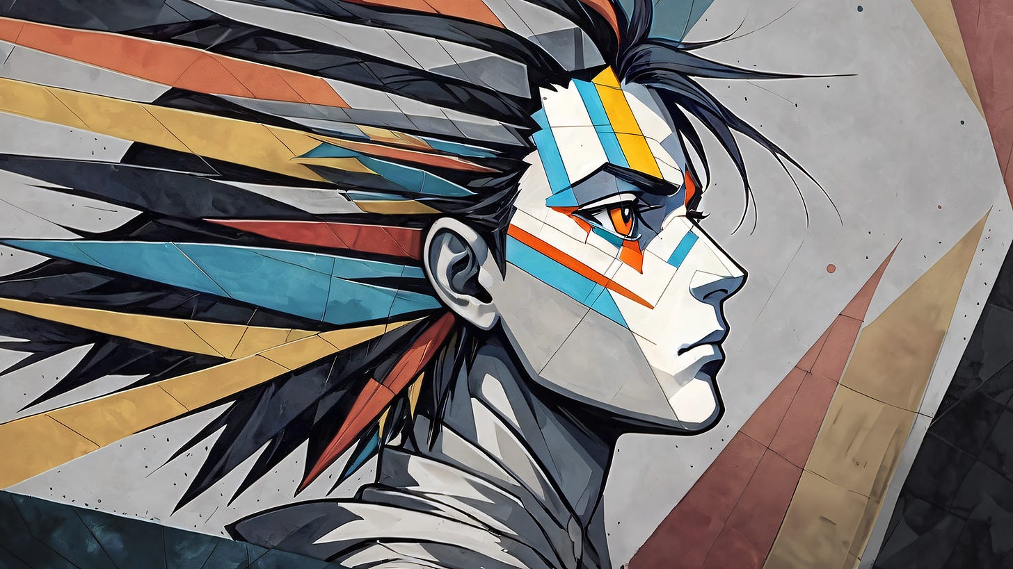  "Neurodivergent Heat," a digital image by the author, blends cubist, dadaist, and manga influences. It showcases a profile with sharp geometric shapes and a mosaic of vivid colors. Orange, yellow, blue, and red highlight the person's intense gaze directed toward the upper right corner, symbolizing forward-thinking vision. Monochrome shards fan out like feathers from the head, contrasting the bright face against a subdued background, mirroring the complex inner world of neurodivergent individuals — bold, multifaceted, and full of depth. Digital tools included AI.