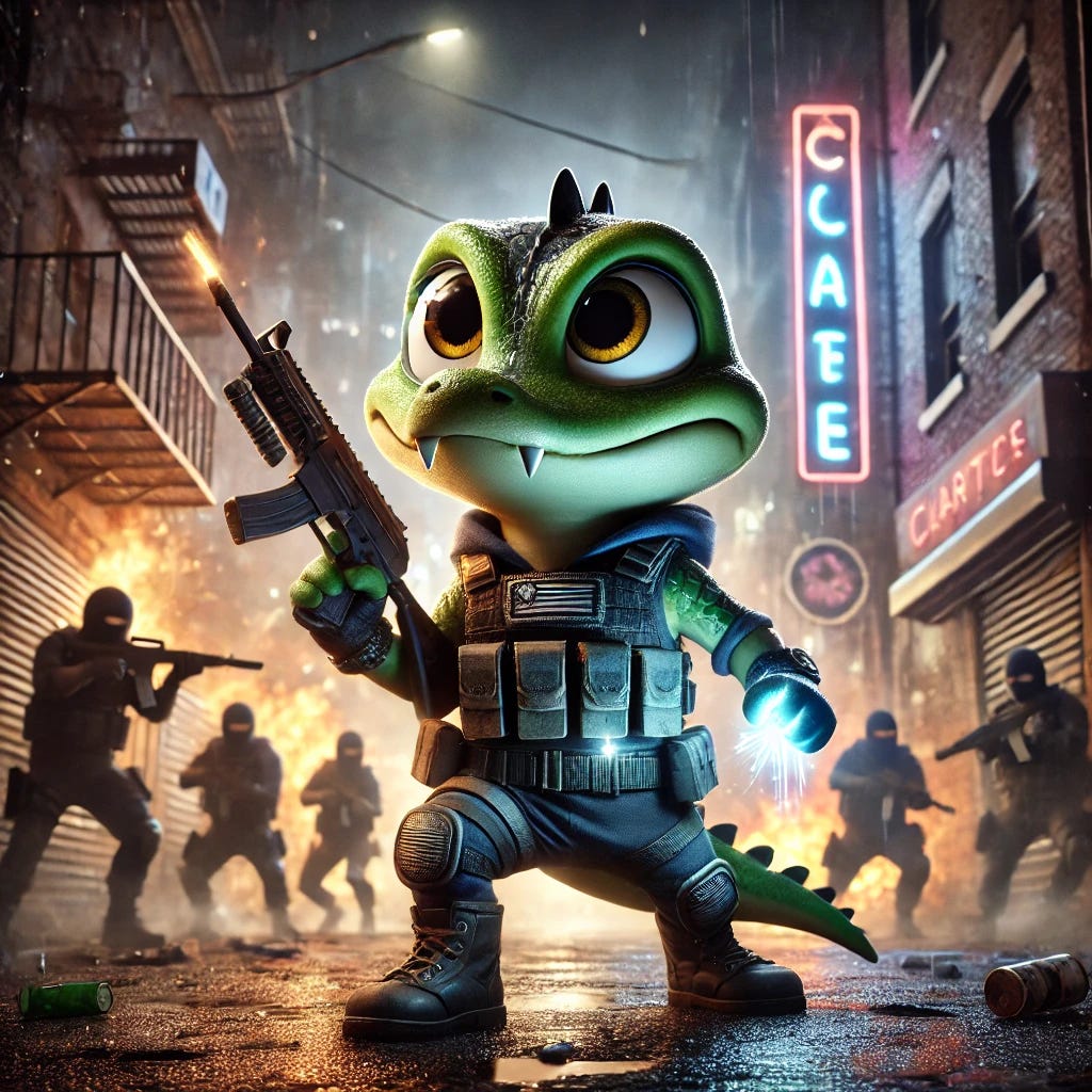 A small, cute, but fierce anthropomorphic gator named Croaky, depicted in a Pixar-Disney animation style, looking like a warrior in the middle of a battle against drug cartels. Croaky is dressed in advanced tactical combat gear, complete with a glowing baton in one hand and a futuristic shield with battle scratches in the other. The urban battlefield is dark and chaotic, with smoke, fire, and debris scattered across a gritty alleyway illuminated by neon signs and flashing lights. Shadowy cartel figures with menacing silhouettes are closing in, but Croaky stands determined, exuding an air of bravery and defiance. His posture is dynamic, mid-action, as though ready to strike. The atmosphere is intense and dramatic, conveying a sense of an all-out war. No text included.