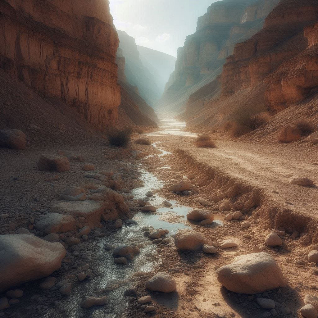 A dry wadi in the Judean desert. Little trickles of water from an impending flood can be seen running down the watercourse.