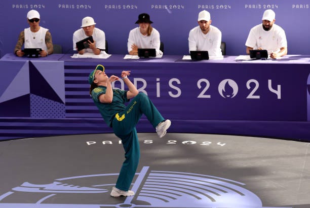 Girl Raygun of Team Australia competes during the B-Girls Round Robin - Group B on day fourteen of the Olympic Games Paris 2024 at Place de la...