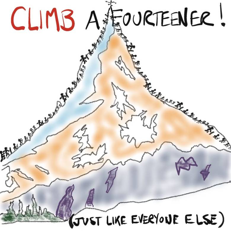 A drawing of a mountain peak with dozens of stick figures walking up one side and down the other