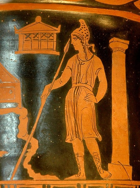 File:Paris crater Louvre K6.jpgParis holding a lance and wearing a Phrygian cap. Detail of the side A from an Apulian (Tarentum?) red-figure bell-krater, ca. 380-370 BC.