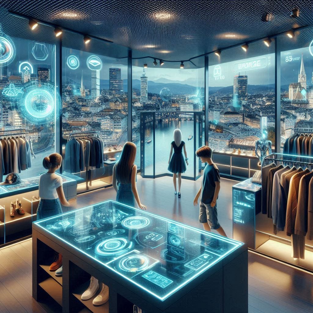 Inside a High-Tech Boutique with Zurich skyline view: The interior of a sleek, modern store filled with cutting-edge technology and fashionable clothing. The space is bright and futuristic, with holographic displays and interactive mirrors. Amy, Leo, and Clara are browsing the items, looking excited and engaged. Through the boutique's window, a glimpse of the Zurich skyline is visible, adding to the ambiance.