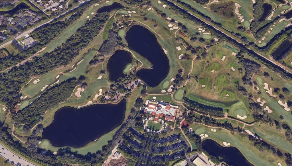 Aerial view of Trump International Golf club West Palm Beach, located at 3505 Summit Blvd, West Palm Beach, FL