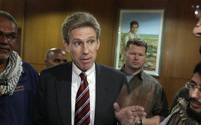US envoy Chris Stevens speaking to local media in Benghazi in 2011. (photo credit: AP/Ben Curtis)