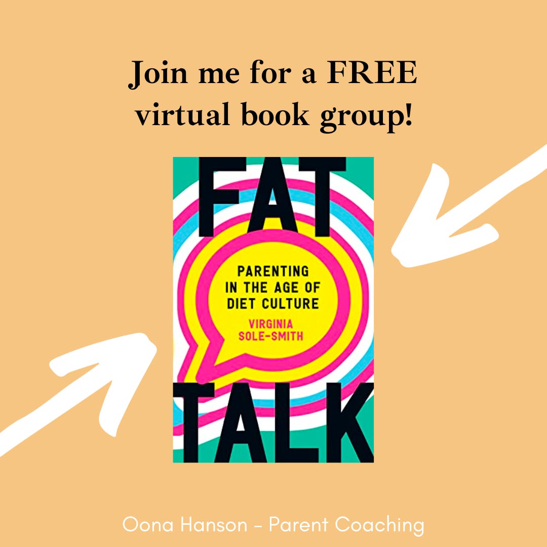 Black text on orange background reads "Join me for a free virtual book group" and include an image of the cover of the book "Fat Talk"