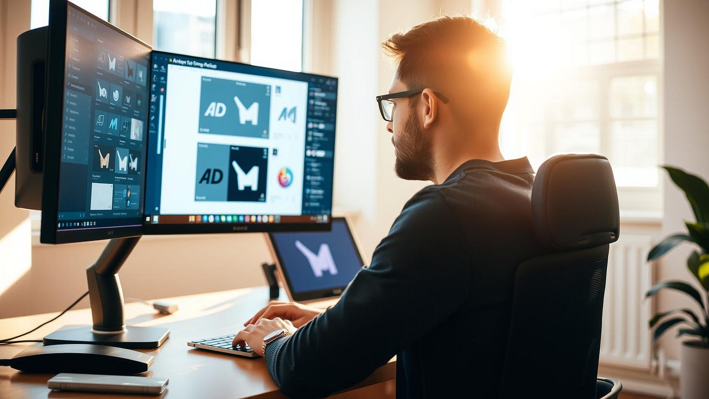 Man with glasses works on a logo design using a double screen setup and a laptop