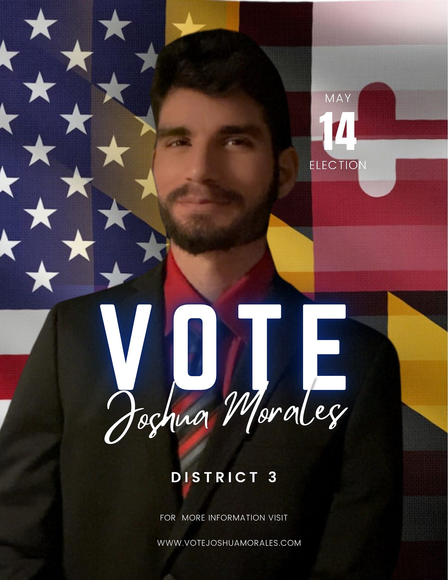 May be an image of 1 person and text that says 'MAY MAY 14 ELECTION V AoAHиa Morales DISTRICT 3 FOR MORE FORMOREINFORMATION OREINFORMATION: IN NFORMATION IS WWWW.VCTEJOSHUJAMORAIES.COM wWW VOT'