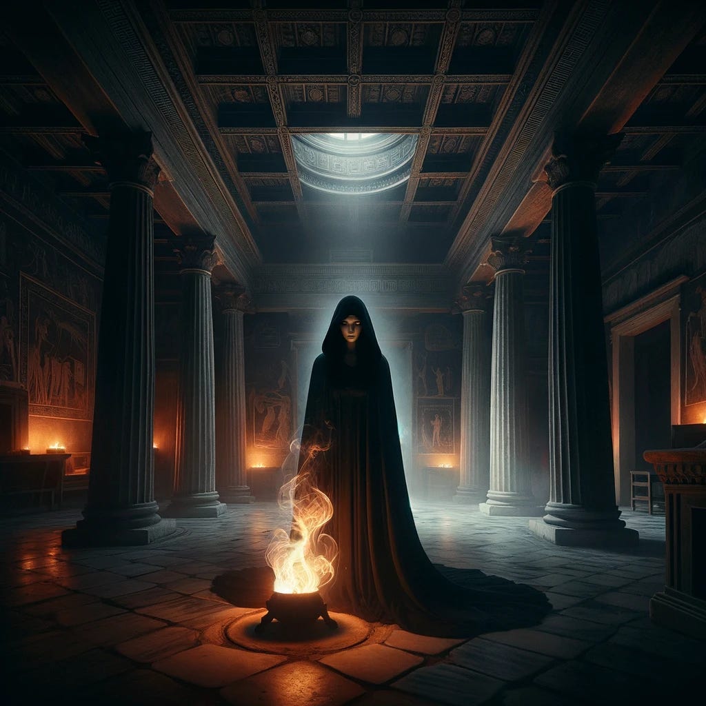Create an image that captures the unseen, darker aspect of Hestia, the goddess of hearth and home, known for her nurturing and light-filled presence. This alternative portrayal explores the depth and solitude that can accompany the role of a protector of the home. In this vision, Hestia stands in the midst of a dimly lit, ancient Greek room, where the shadows stretch long and deep, hinting at the solitude and introspection that her role entails. Her figure is cloaked in darker hues, reflecting the seriousness and weight of her responsibilities. The hearth before her burns with an unusual, ethereal flame, casting an otherworldly glow that illuminates her face from below, creating a mysterious and contemplative expression. The room is adorned with classic Greek architecture but is shrouded in darkness, suggesting the hidden complexities of domestic life and the inner strength required to maintain the warmth and safety of the home. The overall atmosphere is one of profound depth, showcasing Hestia's lesser-seen aspects as she embraces the solitude and shadows of her realm.