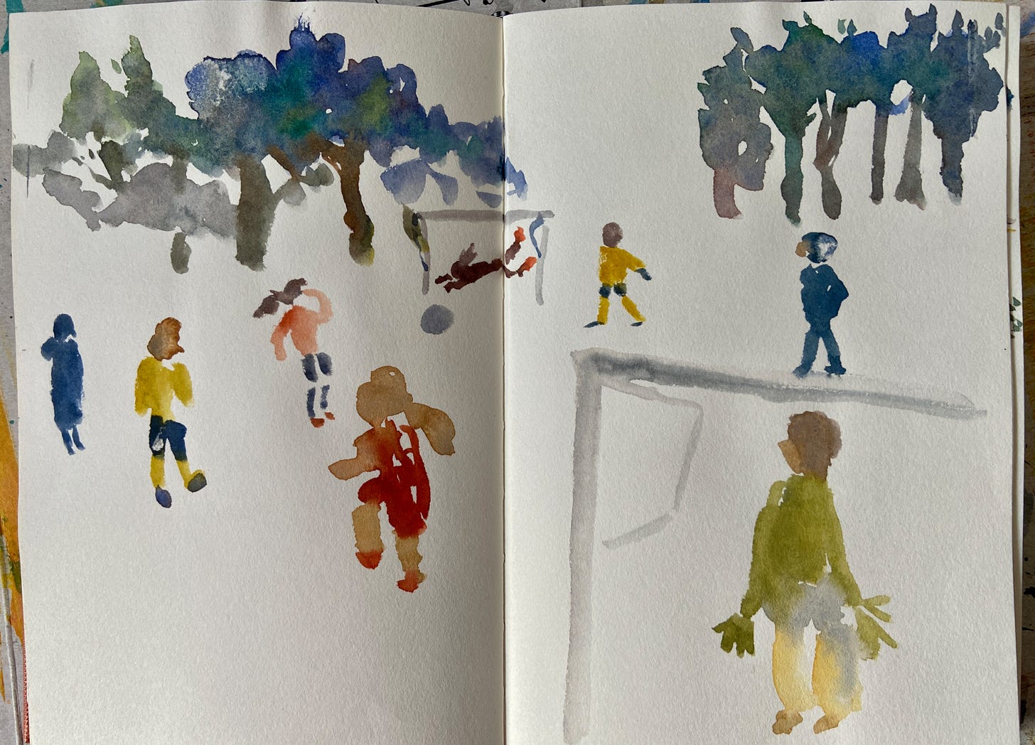 rough painting of children playing football with tree in the distance