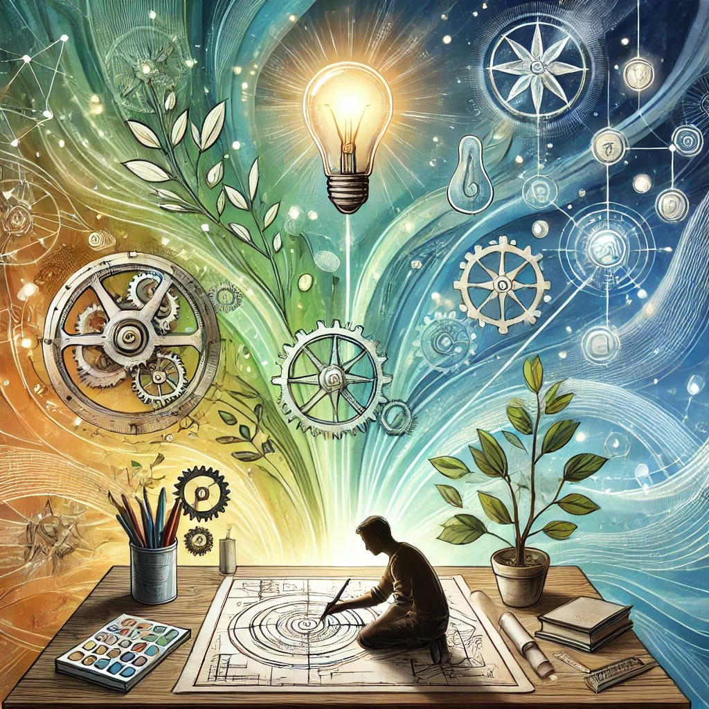 An artistic and vibrant illustration inspired by the theme 'Insights From The Book Designing Your Life.' The image shows a person sketching a blueprint on a desk, surrounded by symbols of life design: a compass, gears, pathways branching in multiple directions, and glowing lightbulbs. The background features soft, abstract shapes representing creativity and clarity. Use uplifting colors like blue, green, and yellow to evoke inspiration and positivity.