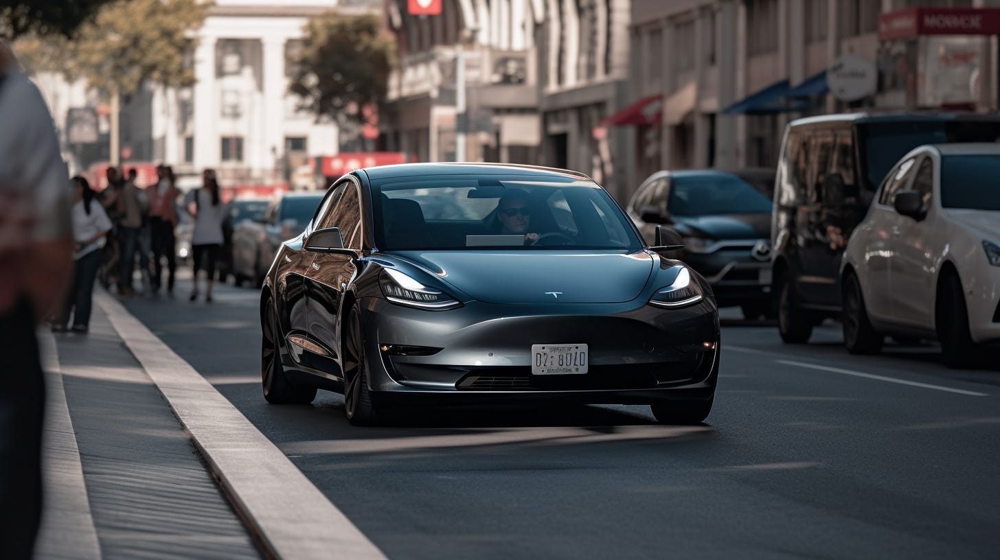 an editorial style photo of a Tesla Model 3 driving in a crowded street, shot on a Fujifiml Pro 400H