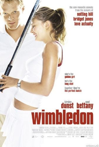 The poster for Wimbledon, showing Dunst in profile leaning her head on her racket, and Bettany looking out of the poster towards us