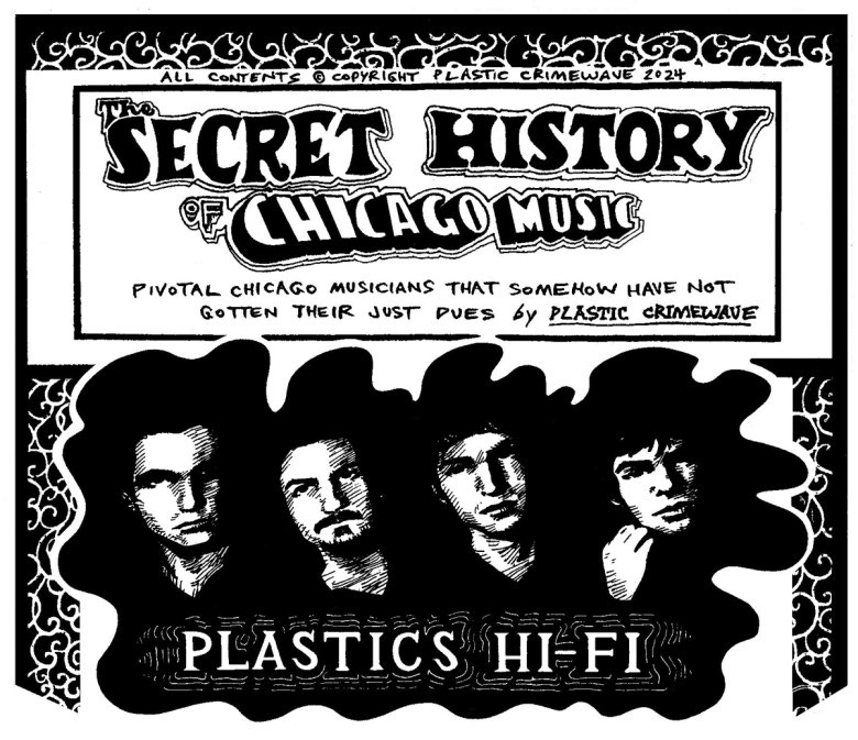 An illustration of psychedelic pop band Plastics Hi-Fi embedded in the title card for the Secret History of Chicago Music