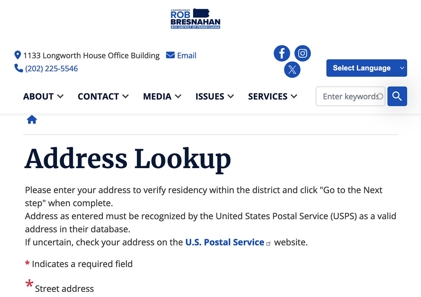 Screenshot of Rep Rob Bresnahan’s contact page that says “Address lookup. Please enter your address to verify residency within the district” and “Address as entered must be recognized by the USPS as a valid address in their database.”