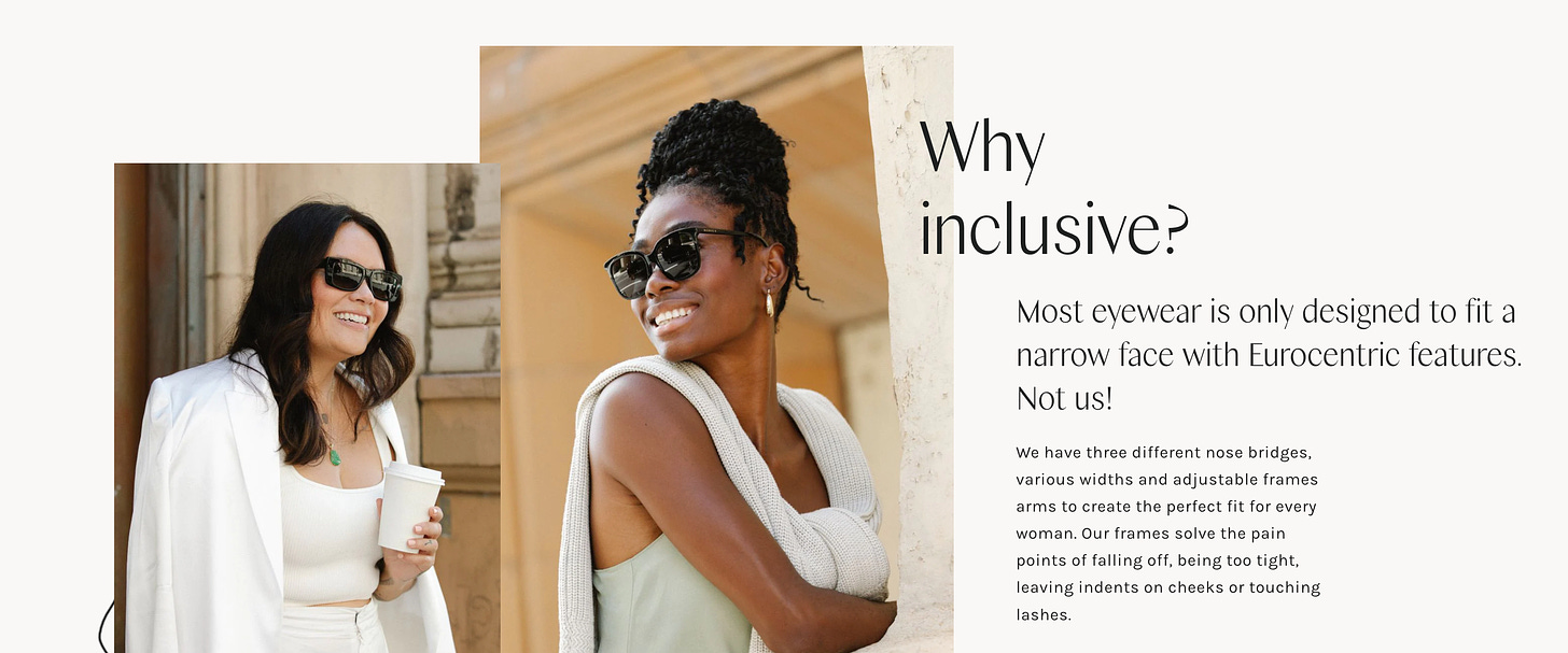 screenshot of page from Mohala eyewear featuring diverse models and an explanation of why they offer different sizes of glasses