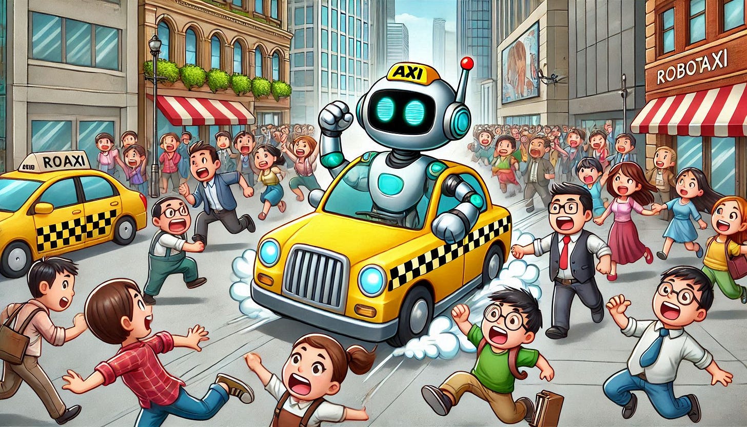 AI generated picture of robotaxi and scurrying pedestrians.