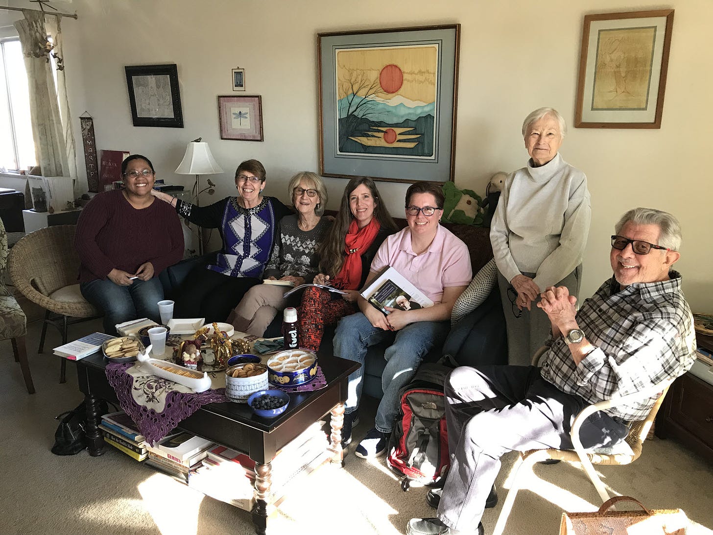 Dabrowski Study Group, December 2018. Left to right: Joi Lin, Linda Silverman, Nancy Miller, Kathee Jones, Chris Wells, Betty Maxwell, Frank Falk. Photo by Tina Harlow