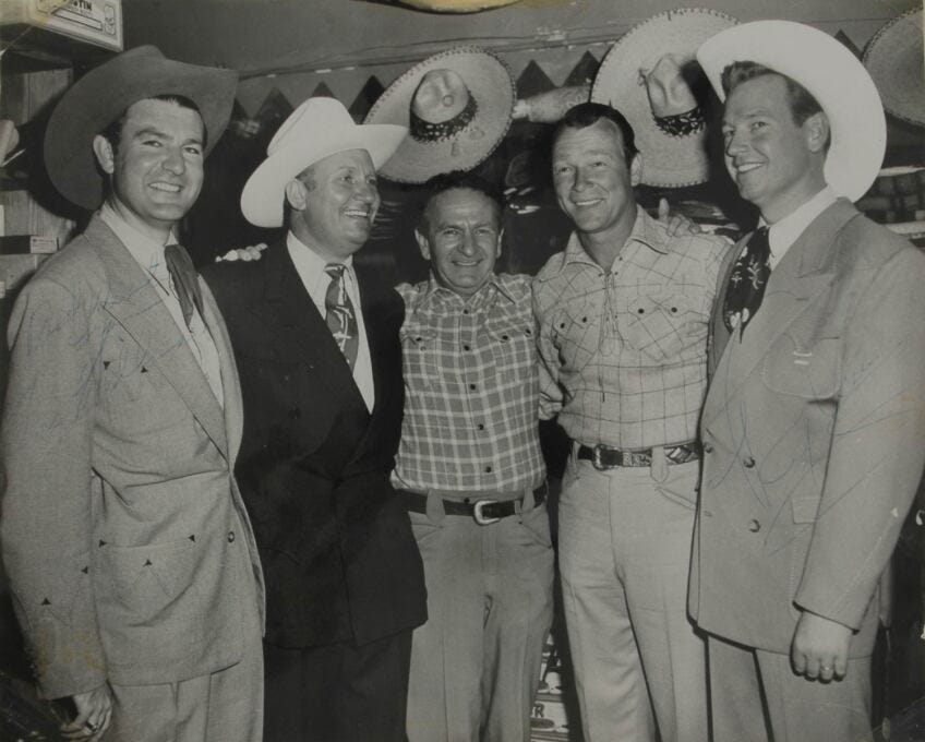 Nudie with his celebrity customers (L-R) Tex Williams, Gene Autry, Roy Rogers and Rex Allen | Courtesy of Autry Museum of the American West