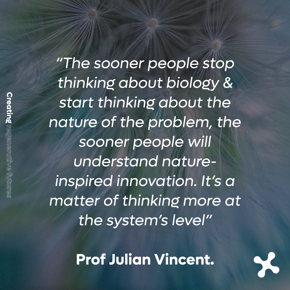 The sooner people stop thinking about biology & start thinking about the nature of the problem, the sooner people will understand nature-inspired innovation. It’s a matter of thinking more at the system’s level.” Prof Julian Vincent.