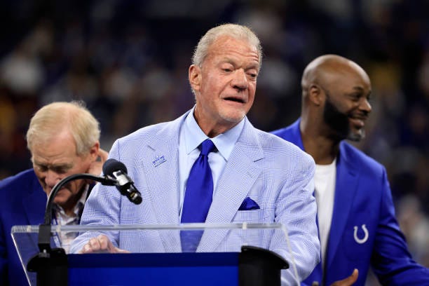 Indianapolis Colts Owner Jim Irsay speaks during the Indianapolis Colts Ring of Honor ceremony for Tarik Glenn during halftime of a game against the...