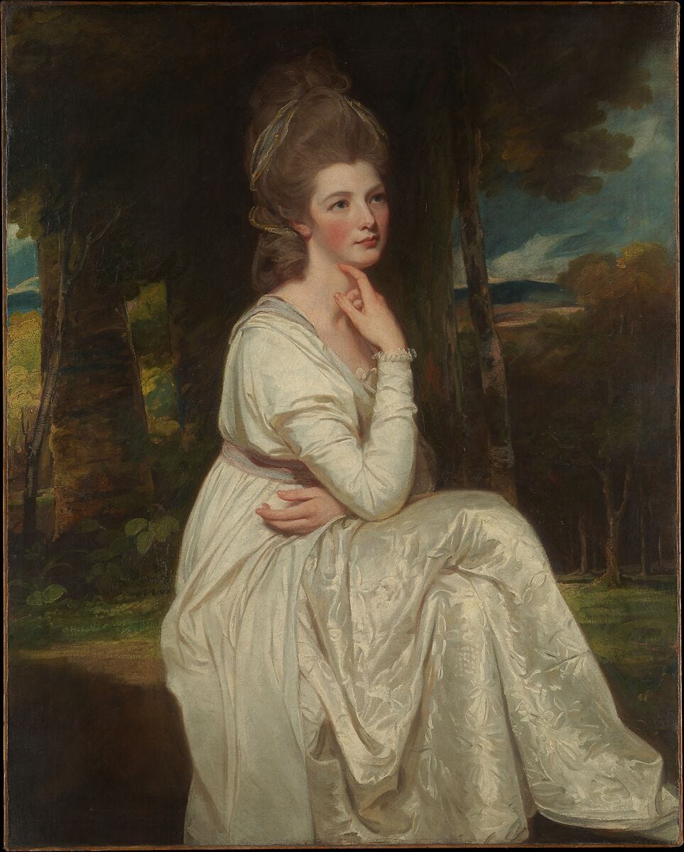 a painting from 1776 depicting a young white woman wearing a cream-colored dress in front of a pastoral background