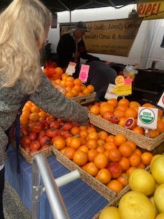 A customer selects oranges and other citrus at market display