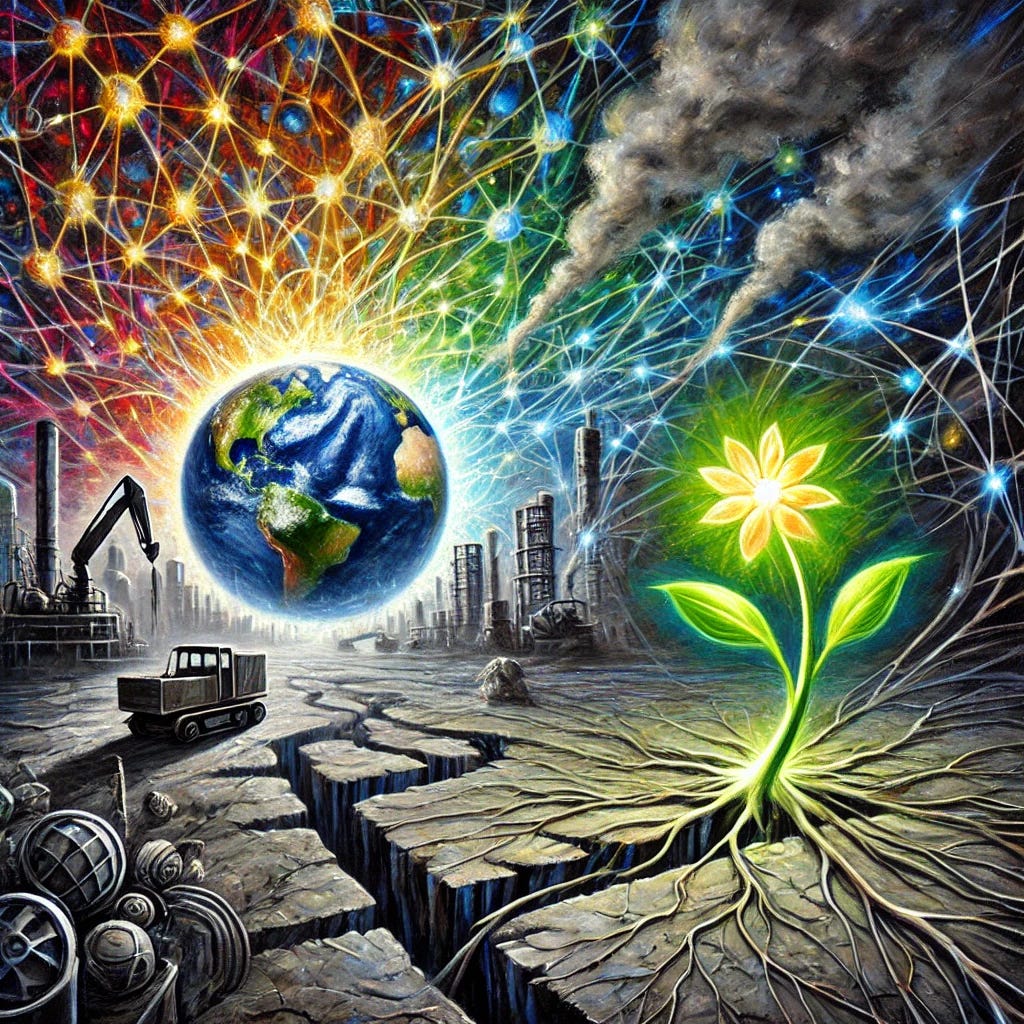 A vibrant oil painting depicting a symbolic struggle between systemic control and individual autonomy. The background features a sprawling web of glowing, interconnected lines and shadowy tendrils, representing global power dynamics and control systems. At the center, a partially obscured Earth with faint machinery and smoke encroaching upon it, symbolizing systemic oppression. In the foreground, a vibrant, colorful flower grows defiantly through cracks in a gray concrete surface, representing hope, resilience, and individual freedom. The painting uses expressive strokes and rich, bold colors, blending industrial grays and blacks with vivid greens, blues, and yellows.