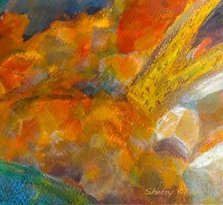 Photograph of detail in mixed media painting by Sherry Killam Arts suggesting a habitat with colorful golden sticks and stones and puddles of water.