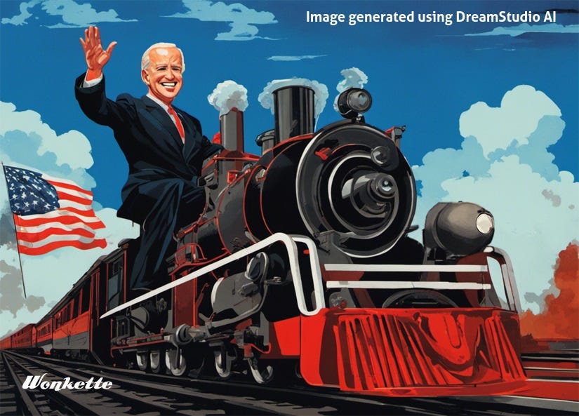 Joe Biden triumphantly rides a steam locomotive across America in an AI-generated parody of soviet propaganda posters
