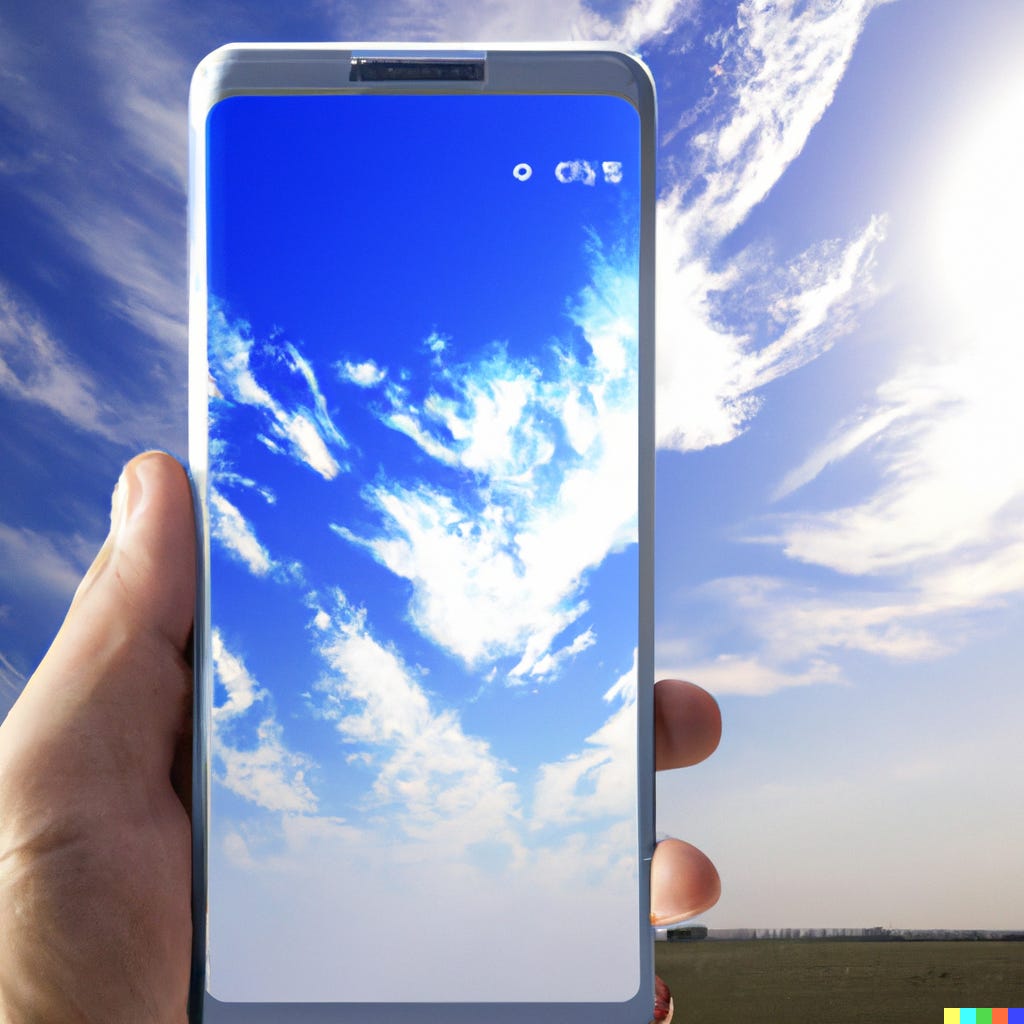 “a smartphone showing a beautiful blue sky on the screen” / DALL-E