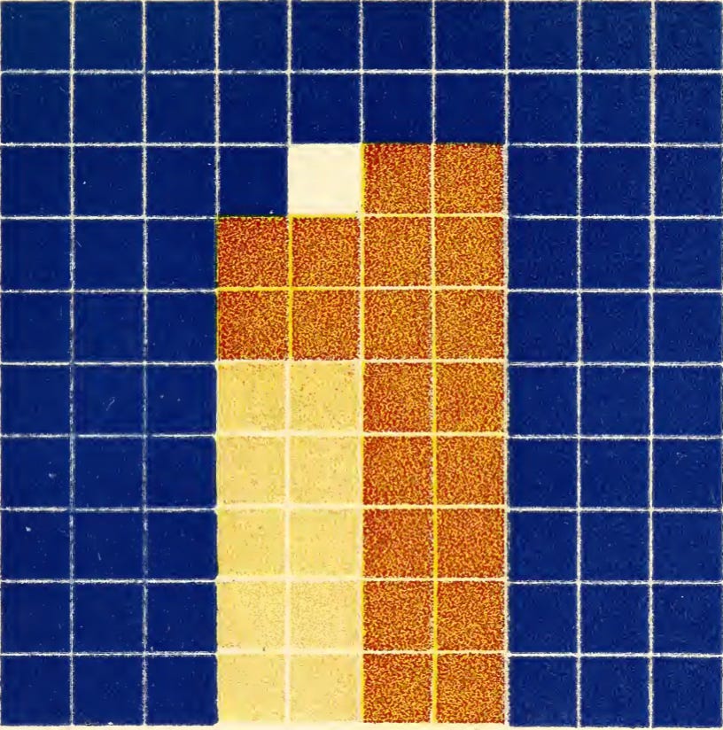 A gridded drawing similar to a tiled surface, with blocks of colors rendered in colored pencil. There are areas with squares of deep-sea blue, wood-brown, pale yellow and cream. The image is a color analysis chart by Emily Noyes Vanderpoel, an illustration from her 1903 book Color Problems.