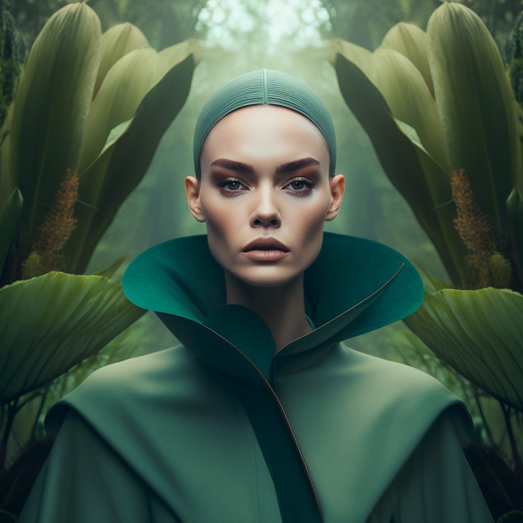 expressive supermodel wearing minimalistic clothes in green jungle, high fashion symmetrical medium shot portrait shoot, cinematic, sci-fi