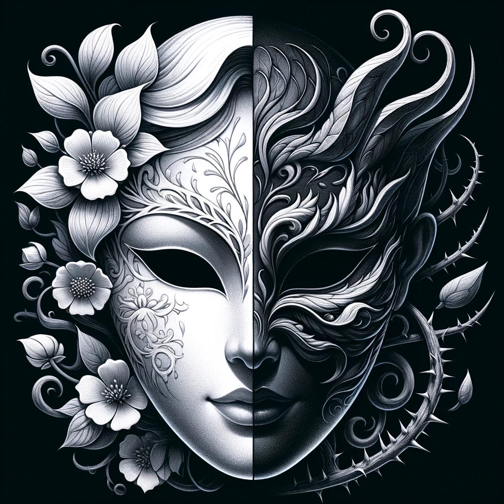 Design an image focusing solely on two masks, side by side, embodying the theme of feminine deceit and duality without depicting any human or animal figures. The first mask represents innocence and purity, with features that are soft, serene, and bathed in light, adorned with delicate floral motifs. The second mask contrasts sharply, representing cunning and malice, with features that are sharp, twisted, and engulfed in shadow, adorned with thorn motifs. Both masks are intricately designed, highlighting the complexity and contrast of the two sides of femininity. The background is kept simple and dark to draw attention to the detailed craftsmanship and symbolism of the masks, making the theme of deceit and duality unmistakably clear and focused.