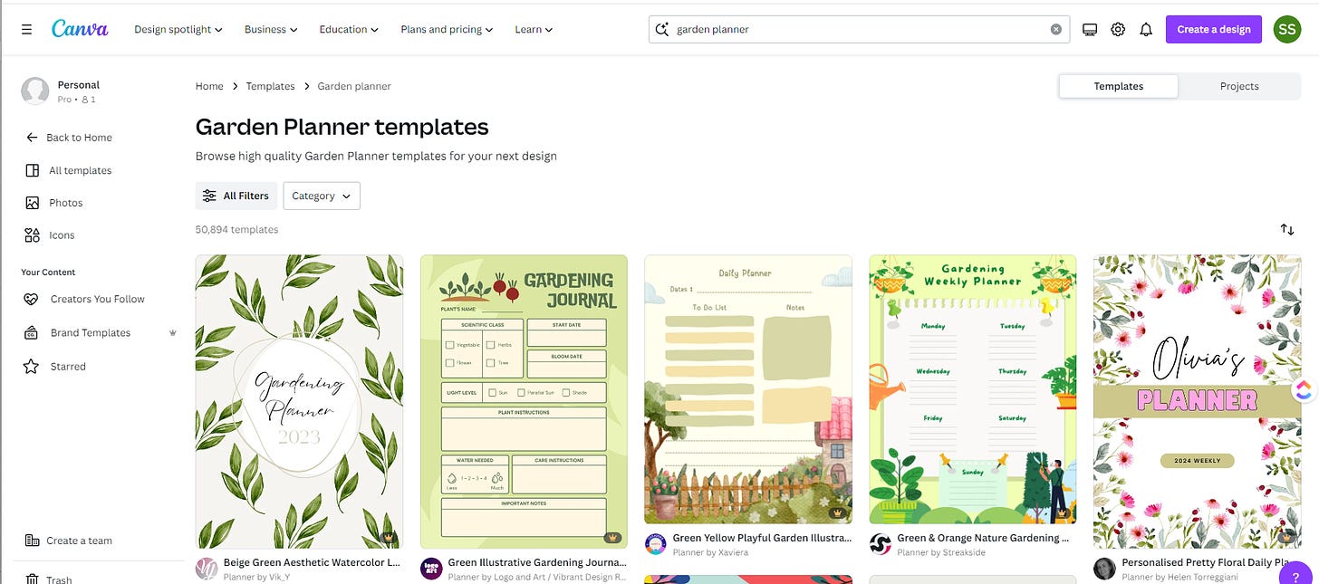 screenshot of Canva Pro gardening planner templates
