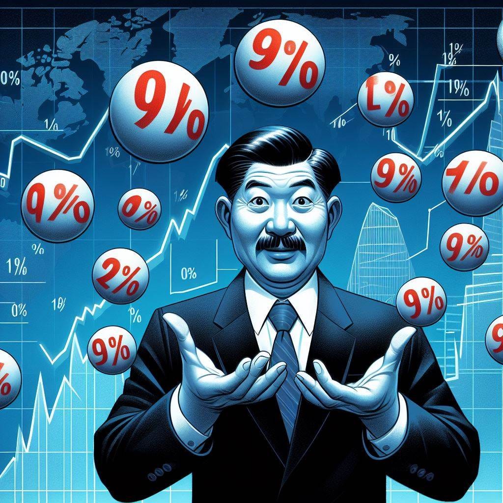 A caricature of a Chinese official juggling percentage numbers in the foreground, with diagrams showing an increase in GDP in the background, main color dark blue
