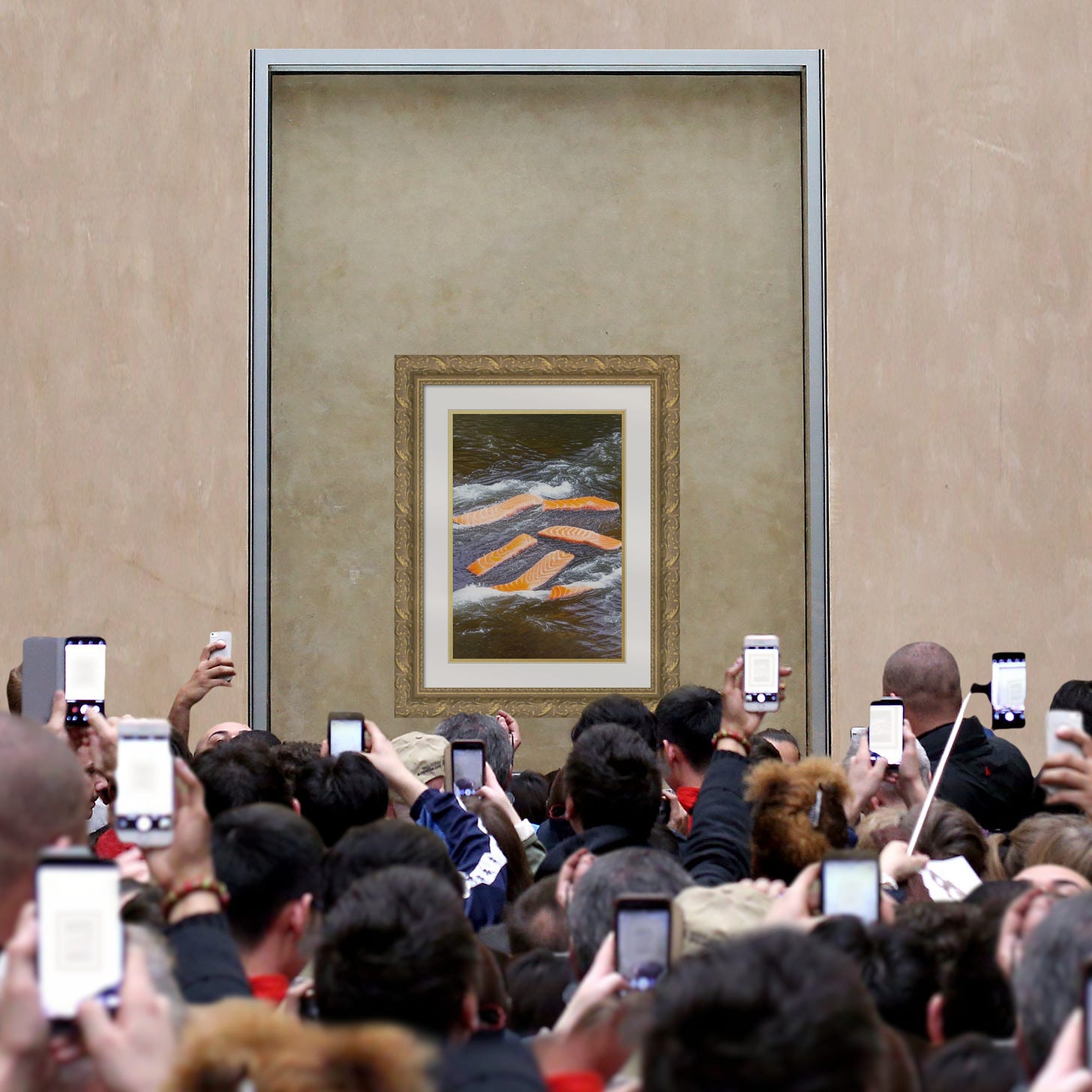 Museum goers at the Louvre photographing the Mona Lisa behind glass, but instead of the Mona Lisa it's a AI-generated image of salmon filets floating in water