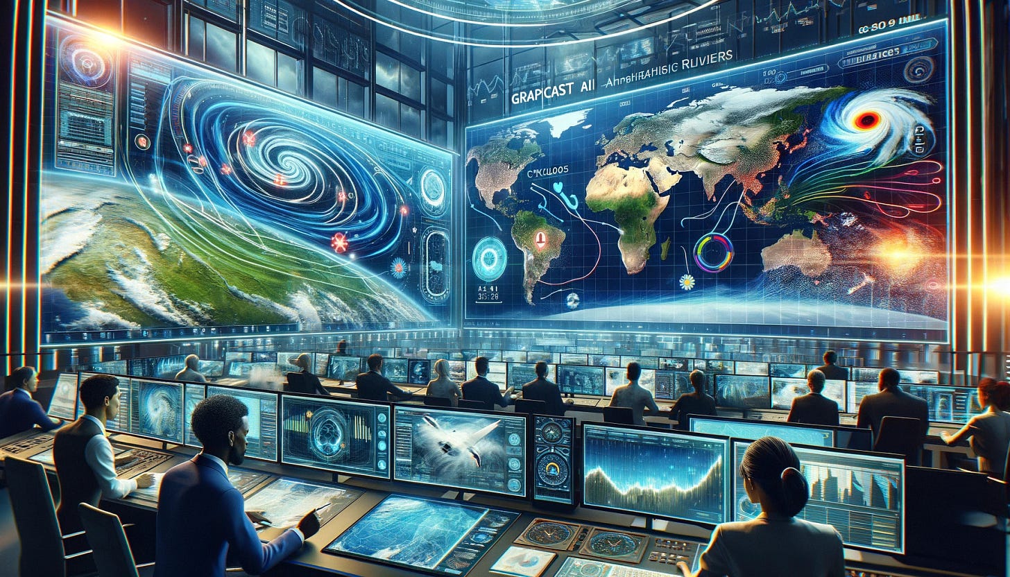 An editorial image illustrating the concept of GraphCast, a state-of-the-art AI model for weather forecasting. The image shows a futuristic, high-tech control room with large screens displaying advanced weather maps and predictions. On one screen, a detailed map shows the tracks of cyclones and atmospheric rivers. Another screen highlights areas at risk of extreme temperatures. In the foreground, a diverse group of scientists and meteorologists (including a Black male, an Asian female, and a Caucasian female) are analyzing the data, visibly impressed by the accuracy and speed of the forecasts. The room is filled with digital interfaces and futuristic technology, symbolizing the cutting-edge nature of GraphCast. This scene conveys the idea of groundbreaking advancements in AI-driven weather prediction and its impact on global preparedness and decision-making.