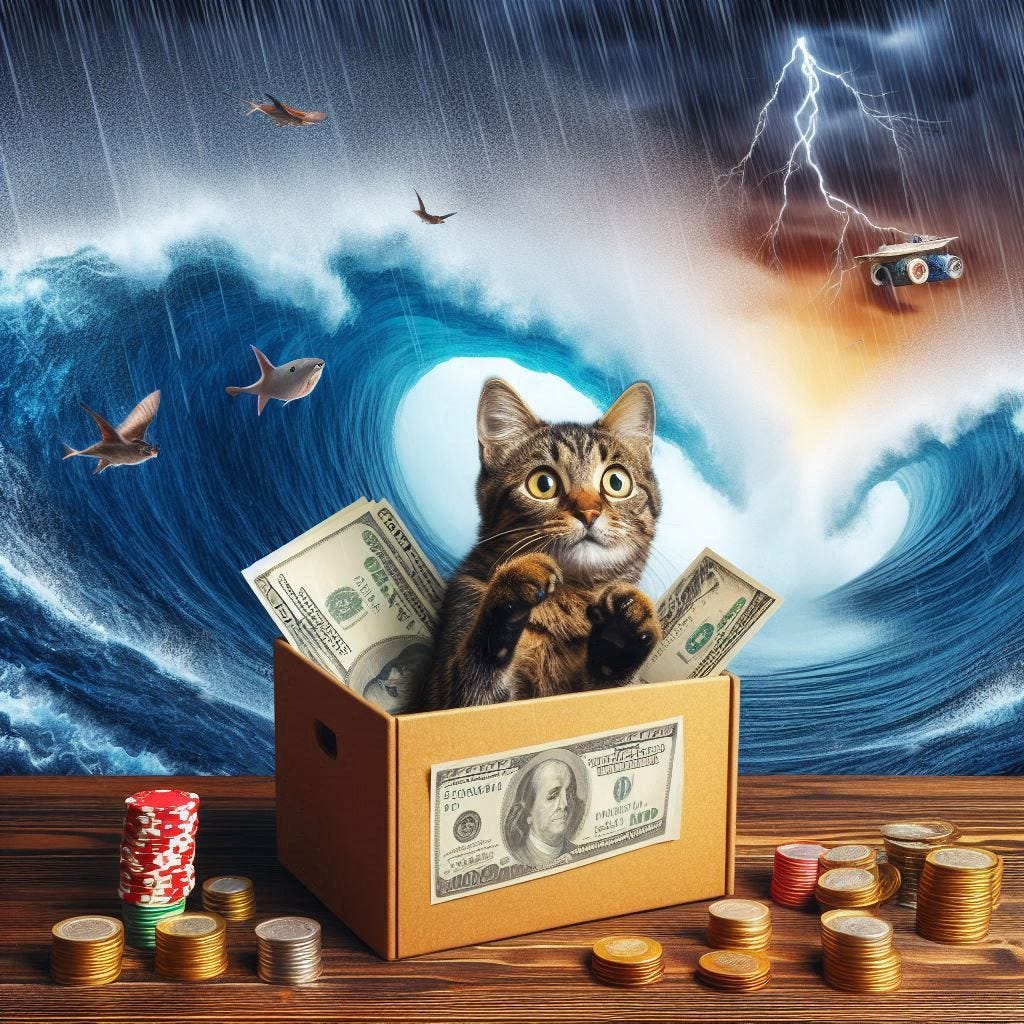 un tsunami financiero y un gato dentro de una caja, muy nervioso