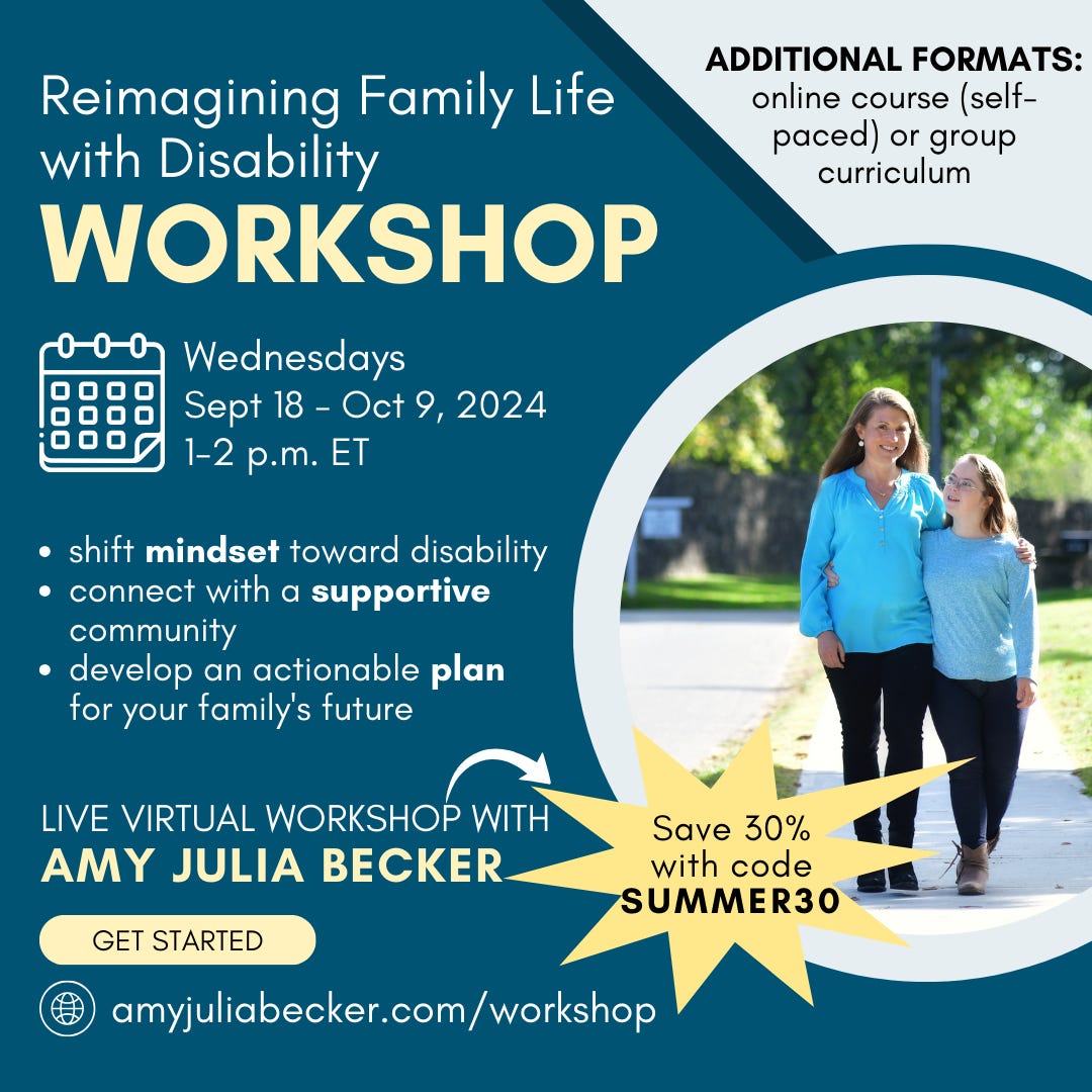 blue graphic with a photo of Amy Julia and Penny walking together and text with a description of the Reimagining family life with disability workshop 