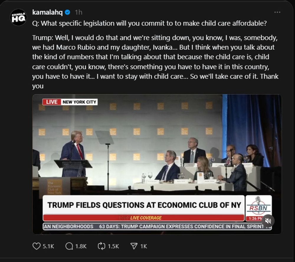 A tweet from @kamalahq with a question about child care at the Economic Club of New York and the first part of a disjointed response from Donald J. Trump