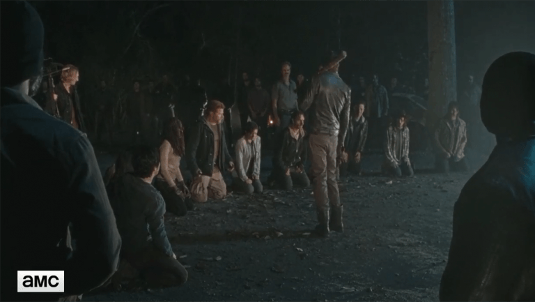 the walking dead group on knees with negan