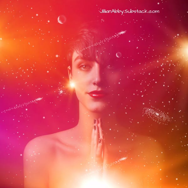 An AI generated image of a face and torso of a person with short brown hair. The image is overlayed with pink, purple and yellow coloring with stars and planets.