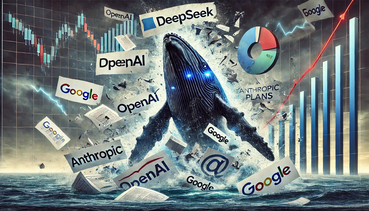 A dramatic digital illustration depicting a massive whale labeled 'DeepSeek' smashing through business plans of 'OpenAI,' 'Anthropic,' and 'Google.' The whale forcefully breaks through documents and charts symbolizing strategic plans, leaving a wake of destruction. The background features a stormy ocean with financial graphs in turmoil, representing the chaotic impact of the AI competition. The scene conveys dominance, disruption, and intense rivalry in the AI industry.