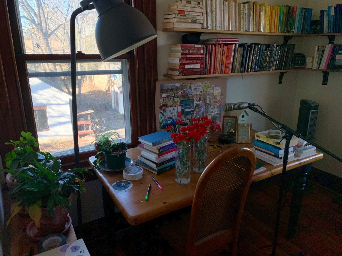 An office with books arranged according to color, a desk with plants on it and two vases of bright red flowers in the middle, stacks of books and cards. Outside the window are bare trees and a small cottage.